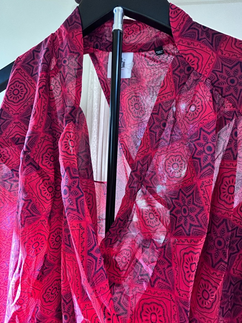 CAbi Sheer Red Patterned Wrap Top, NTW, classy
